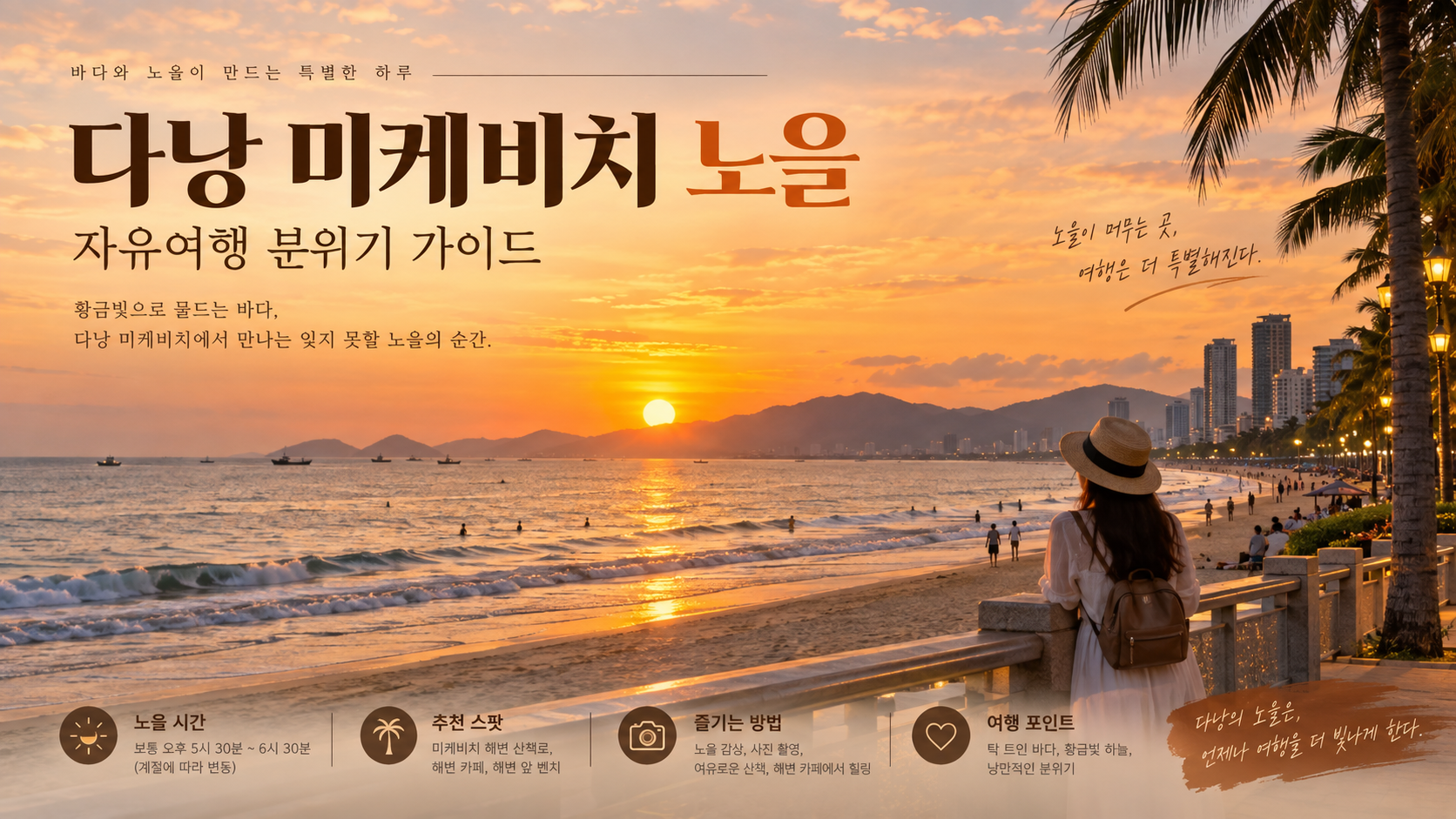 다낭 미케비치 해변과 황금빛 노을을 바라보는 여행자 정보카드