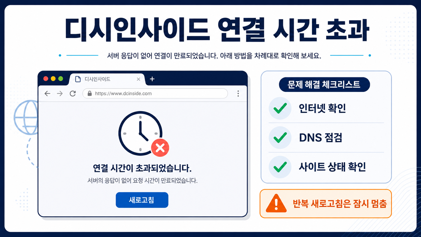 디시인사이드 연결 시간 초과 확인 항목을 보여 주는 한국어 정보카드
