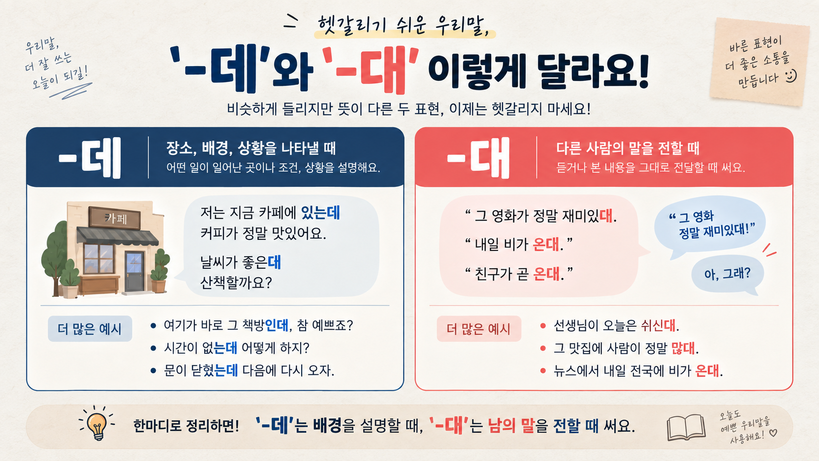 데와 대의 차이를 비교한 한국어 정보카드