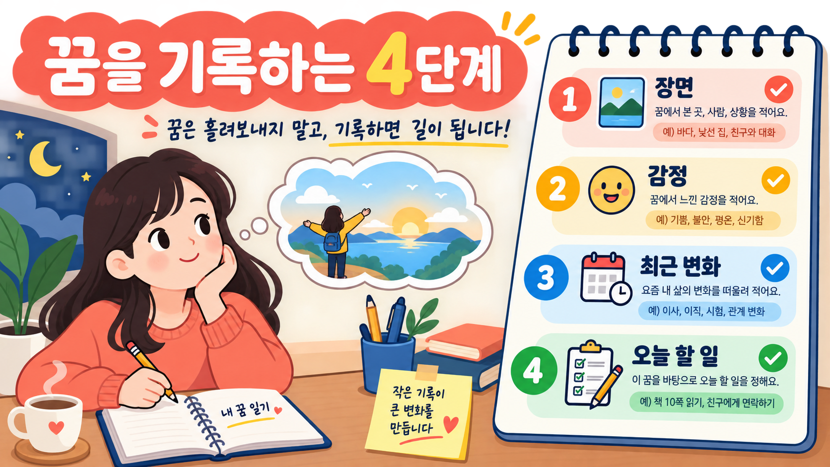 꿈을 장면과 감정, 최근 변화, 오늘 할 일로 기록하는 네 단계 정보카드