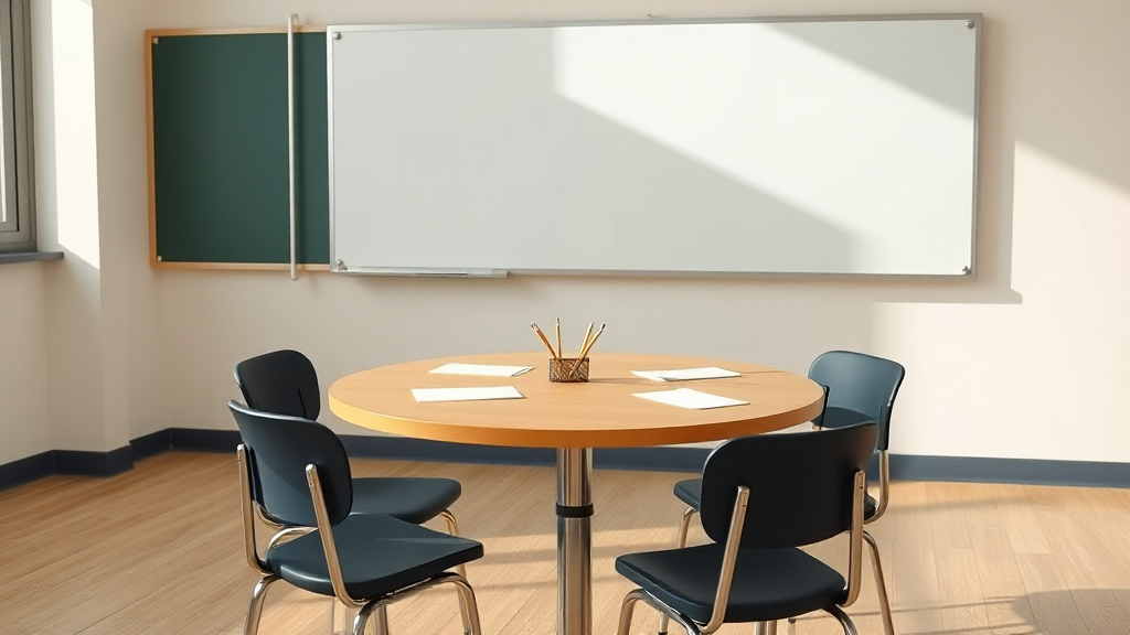 토론 준비를 위한 교실의 빈 토론 테이블