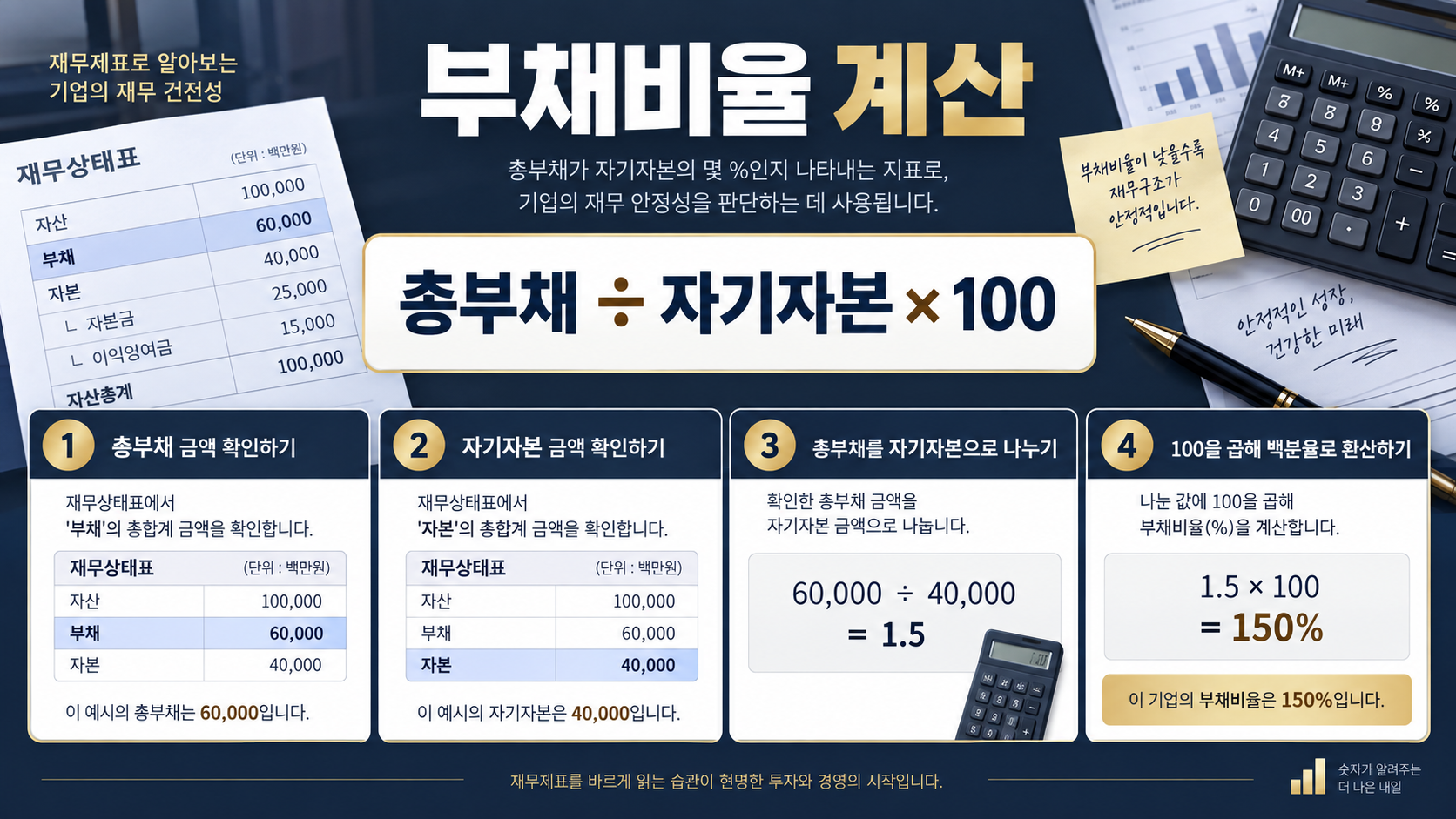 총부채를 자기자본으로 나누어 부채비율을 계산하는 단계