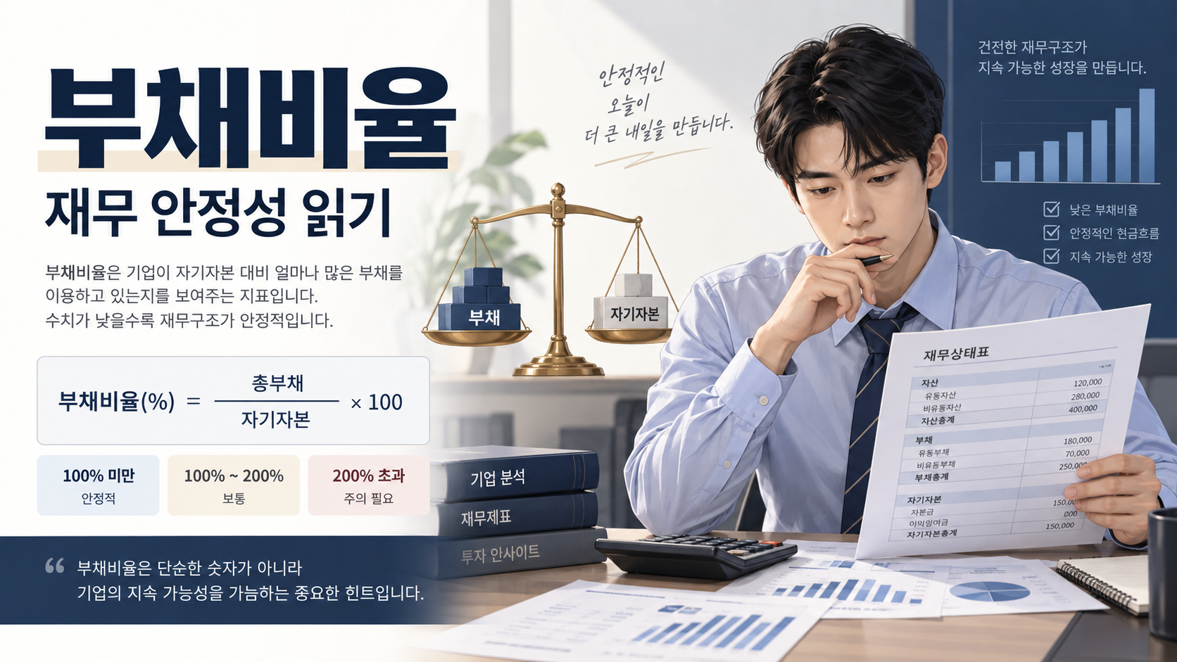부채와 자기자본의 균형으로 부채비율을 설명하는 정보카드