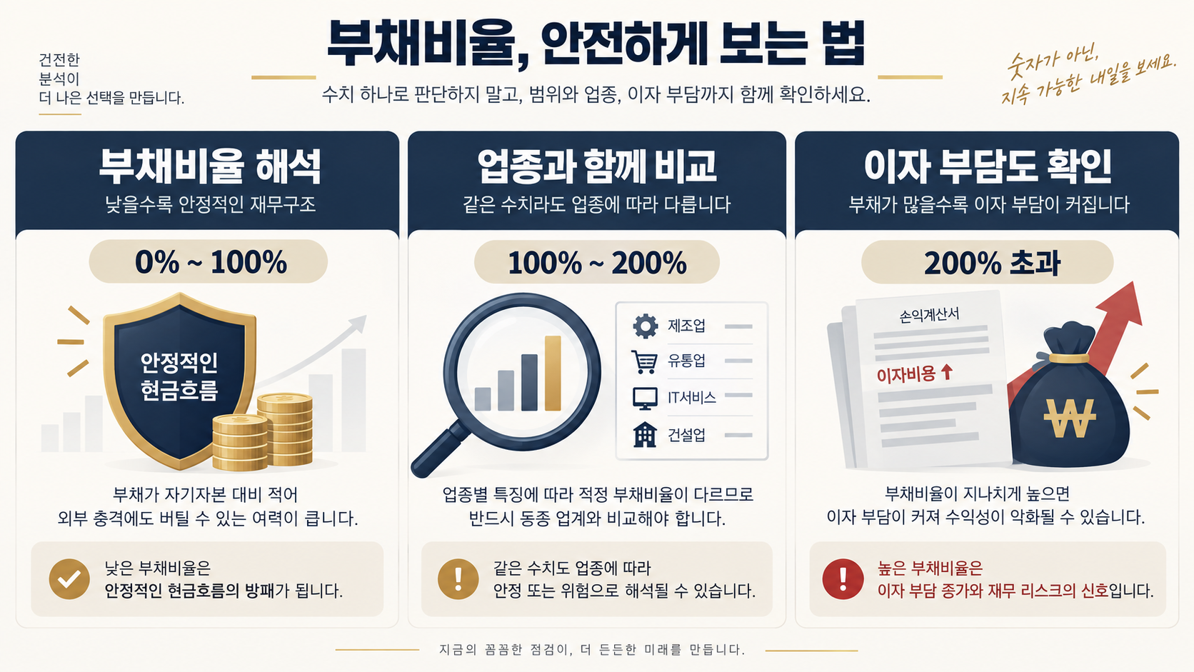 부채비율 구간과 업종 비교, 이자 부담 점검을 설명하는 정보카드