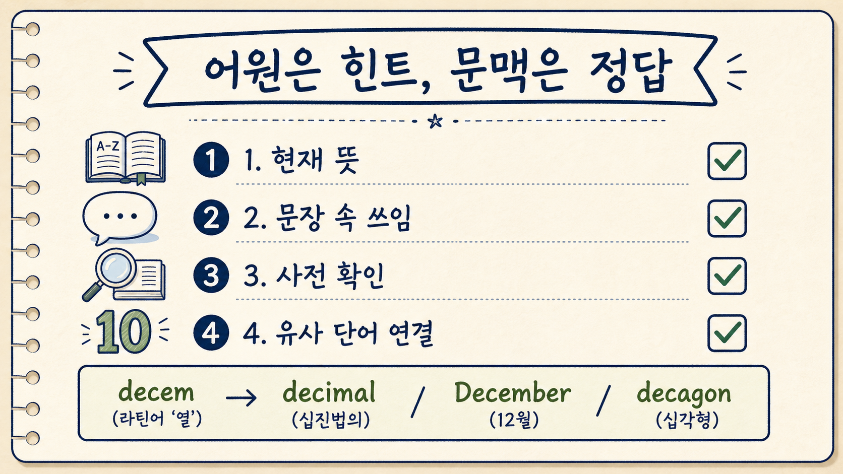 decem 계열 단어를 뜻·철자·문맥 순서로 확인하는 체크 정보카드