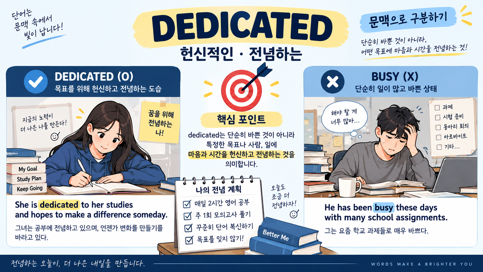 dedicated와 busy의 차이를 비교하는 텝스 단어 정보카드