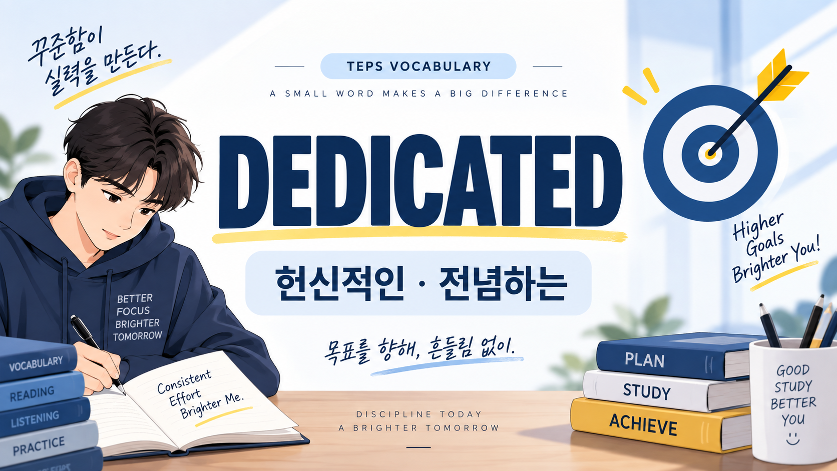 DEDICATED와 헌신적인·전념하는 뜻을 보여주는 텝스 단어 정보카드