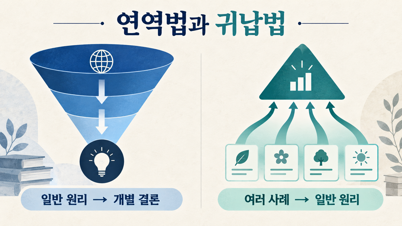 연역법과 귀납법의 출발점과 결론을 비교한 한국어 정보카드