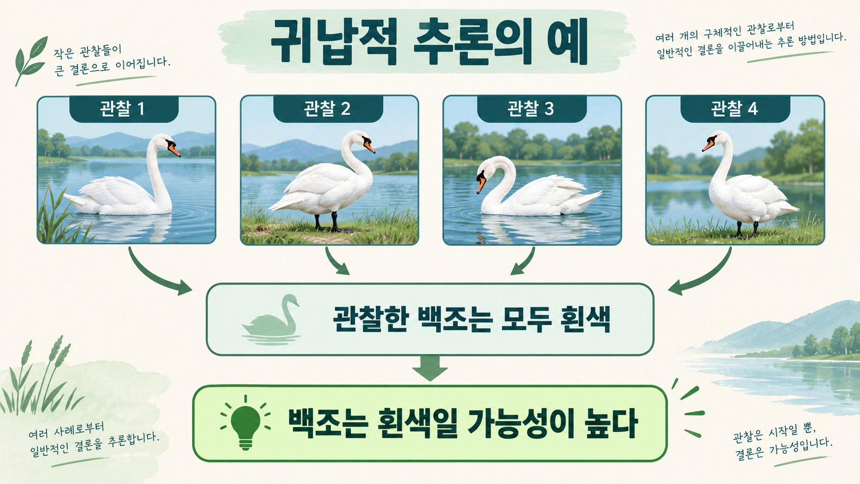 여러 사례 관찰로 귀납법의 일반화를 설명한 한국어 정보카드