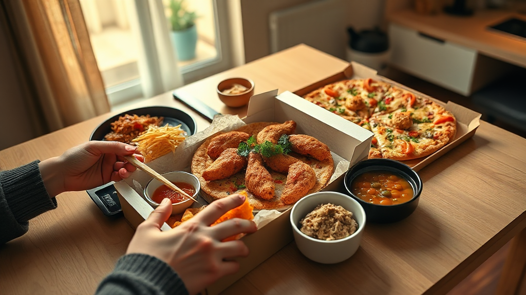 집 식탁에 차려진 실제 배달 음식 저녁 장면