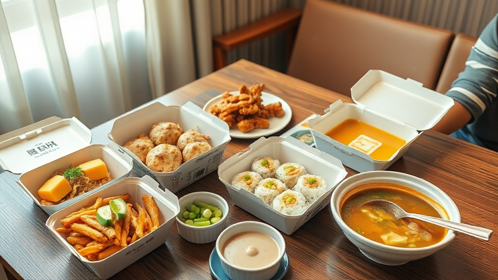 여러 종류의 실제 한국 배달 음식이 정돈된 식탁 장면