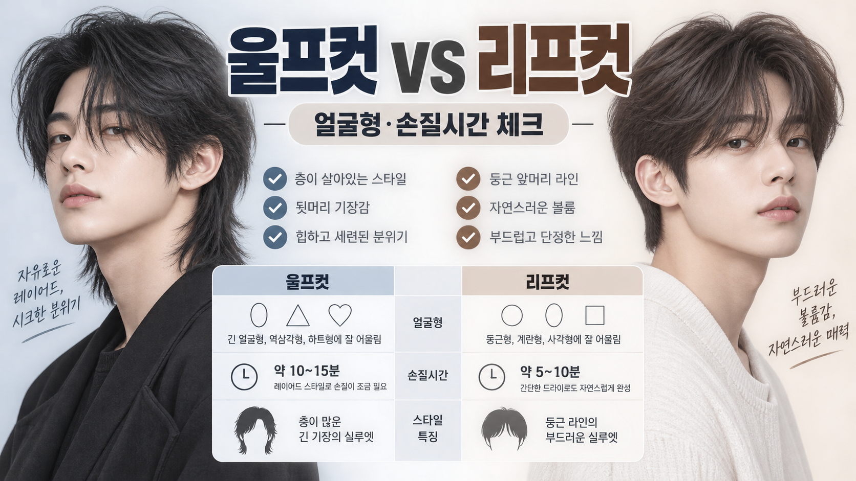 울프컷과 리프컷의 특징, 얼굴형과 손질 시간을 비교한 한국어 정보카드