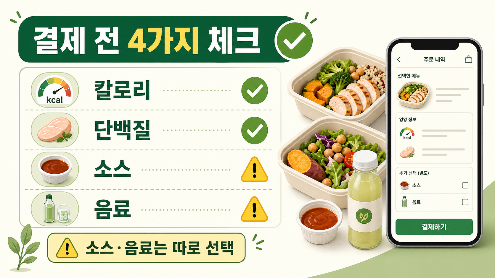 배달음식 결제 전 열량 단백질 소스 음료를 점검하는 한국어 체크리스트 이미지