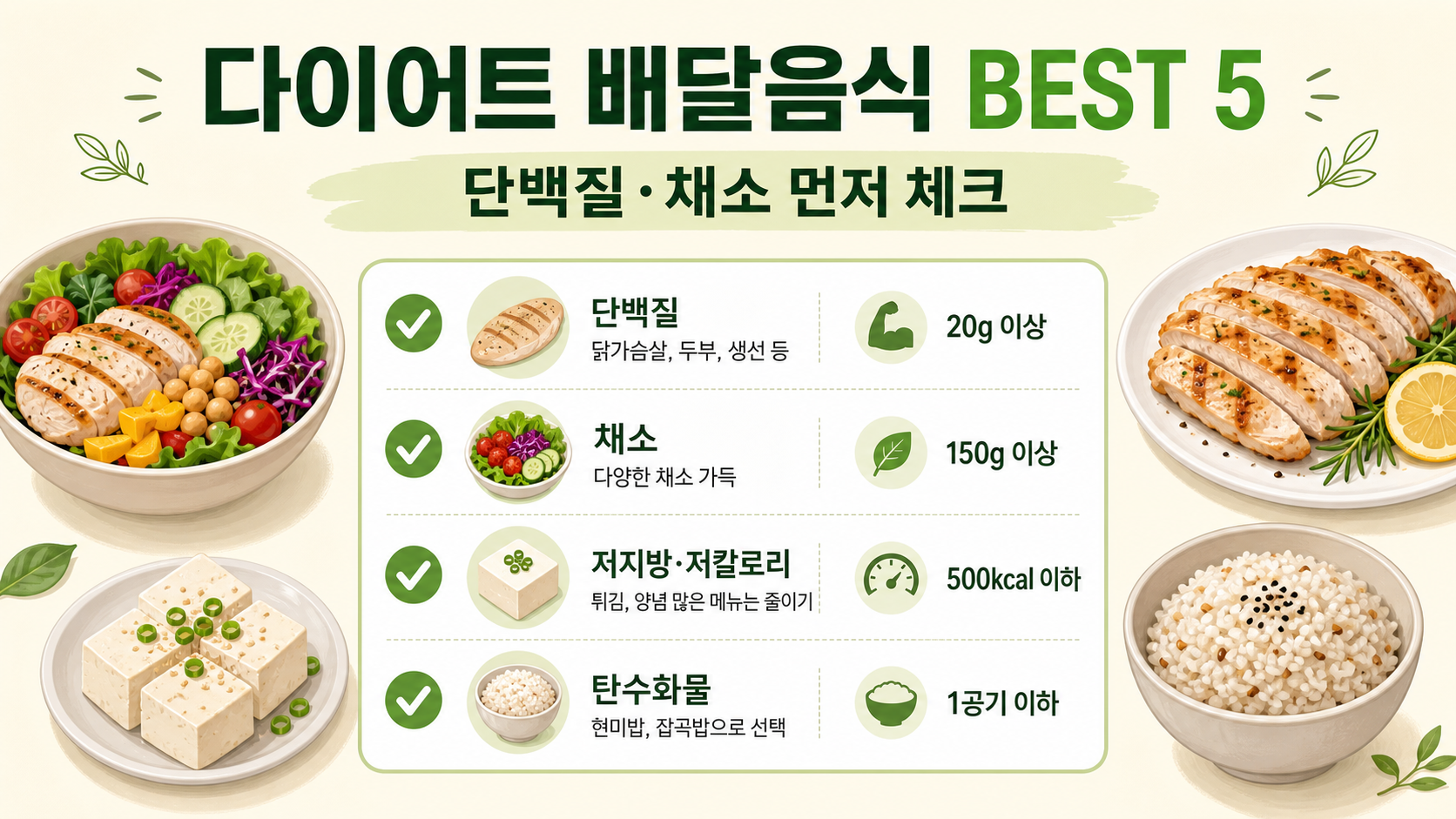 다이어트 배달음식 BEST 5와 단백질·채소 체크 정보를 담은 한국어 정보카드