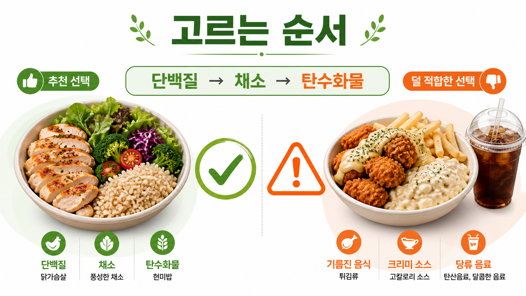 다이어트 배달음식 선택 순서와 단백질 채소 탄수화물 조합을 보여 주는 정보 이미지