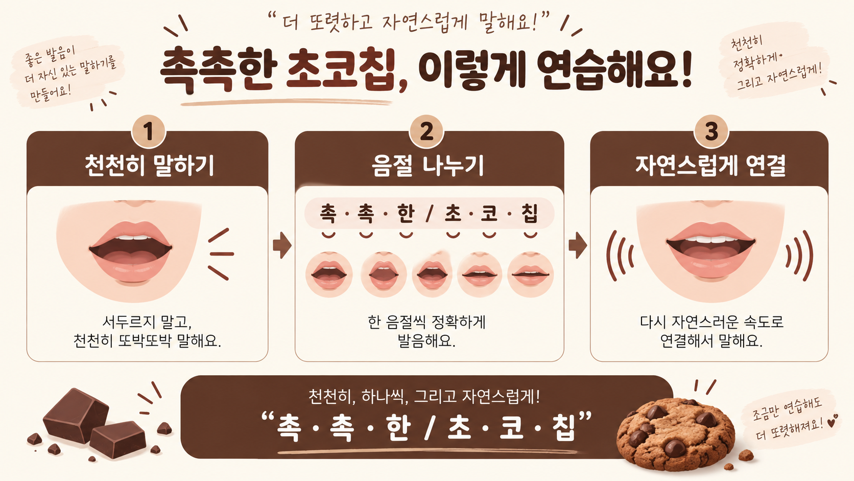 촉촉한 초코칩 세 단계 발음 연습 정보카드