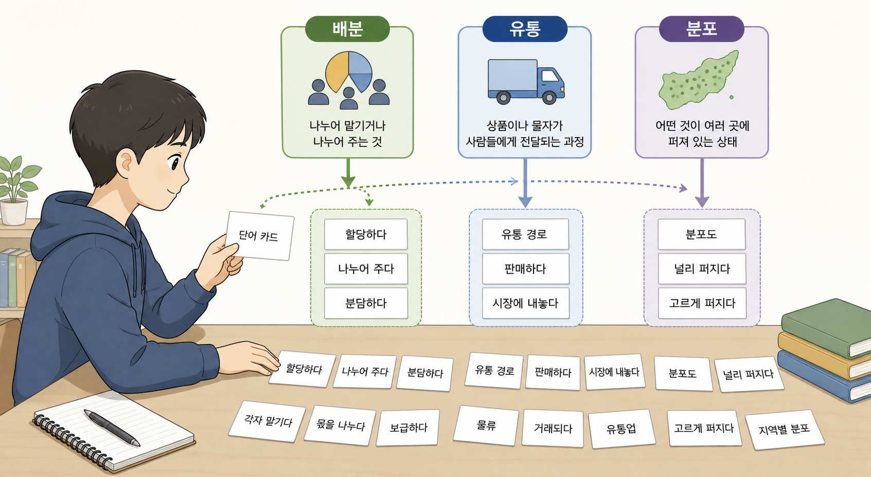 배분 유통 분포의 문맥 차이를 카드와 도식으로 설명한 학습 이미지