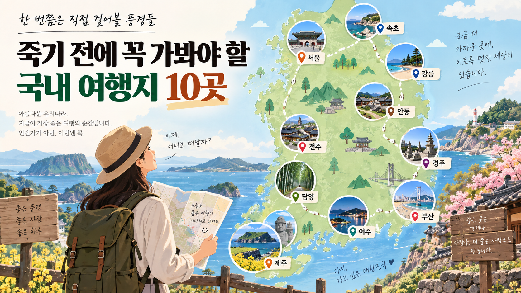 국내 여행지 10곳을 표시한 한국 지도 정보카드