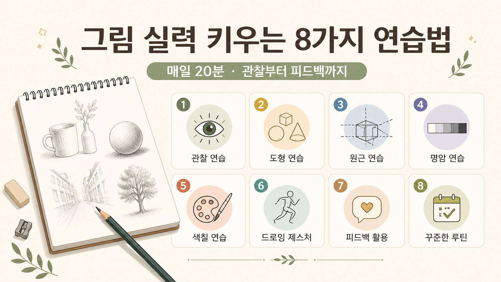 그림 실력 키우는 8가지 연습법과 관찰부터 피드백까지의 핵심 행동을 담은 정보 카드