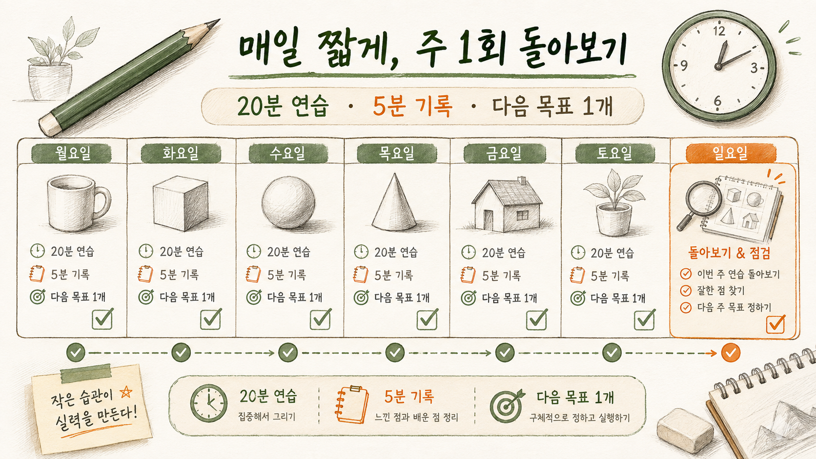 매일 20분 연습과 5분 기록, 주 1회 돌아보기를 보여 주는 그림 연습 루틴 정보 카드