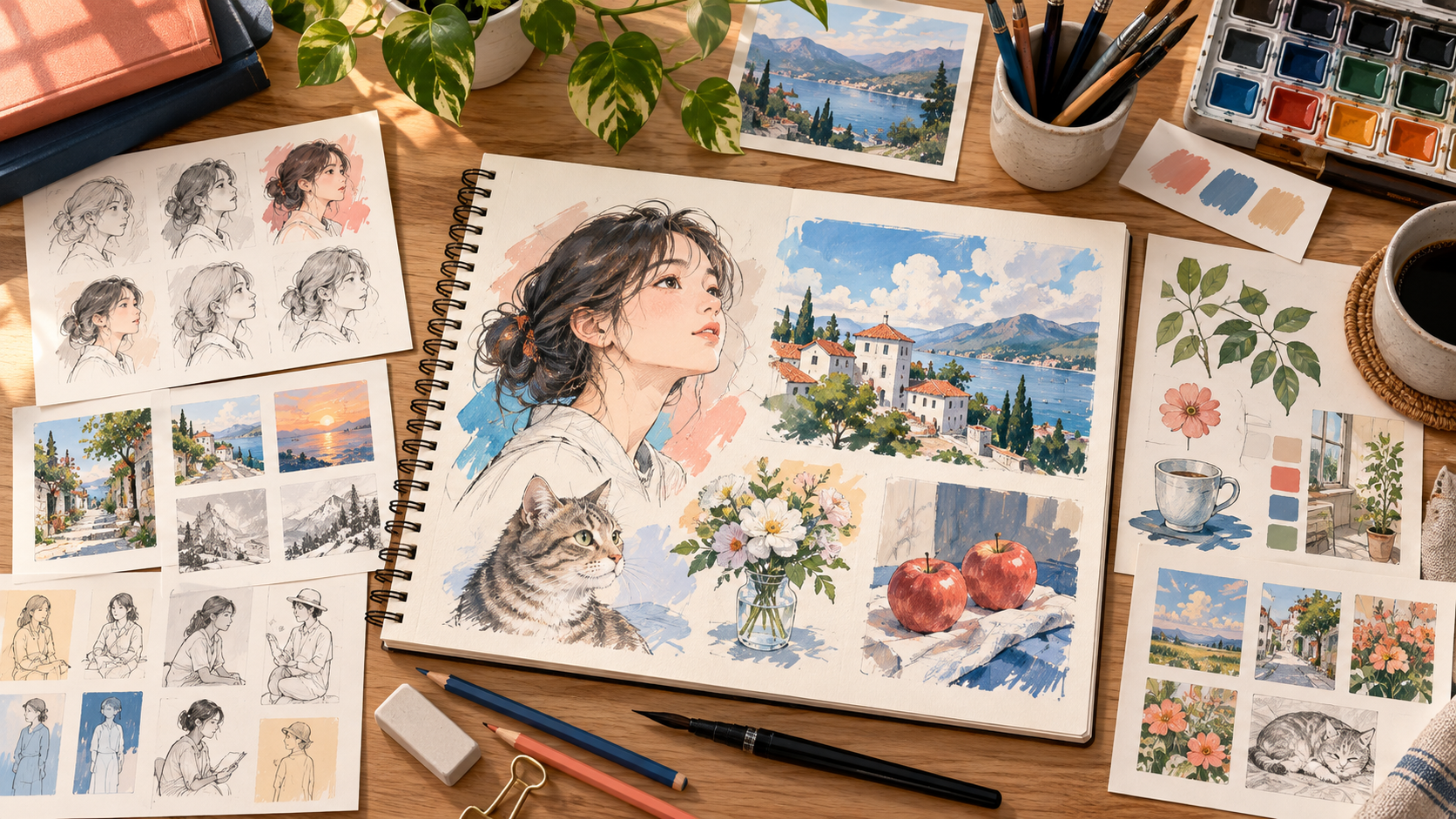 다양한 그림 주제가 담긴 스케치북과 채색 도구