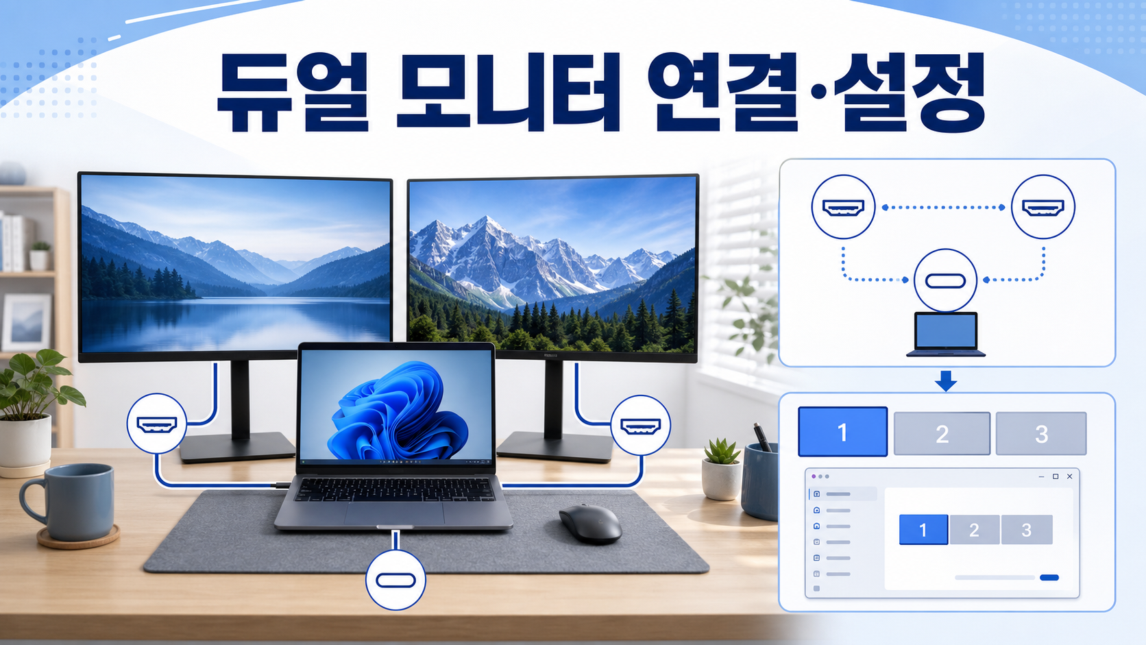 노트북과 두 대의 외부 모니터를 연결하고 설정하는 정보 카드