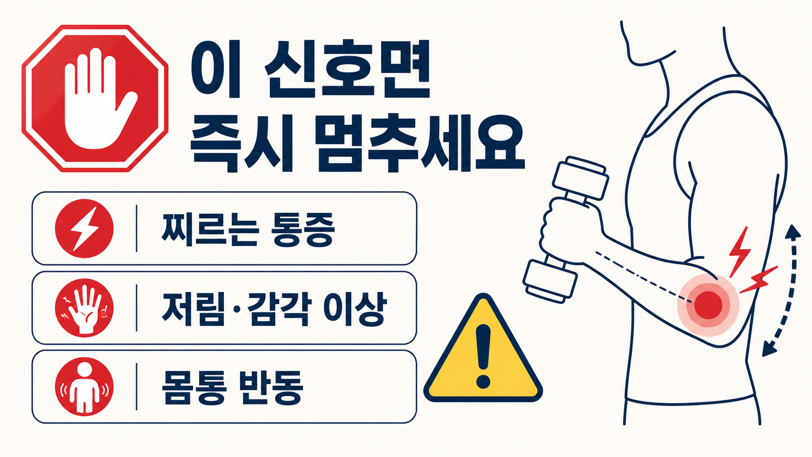 찌르는 통증, 저림과 감각 이상, 몸통 반동이 있으면 해머 컬을 멈추라는 안전 안내 카드