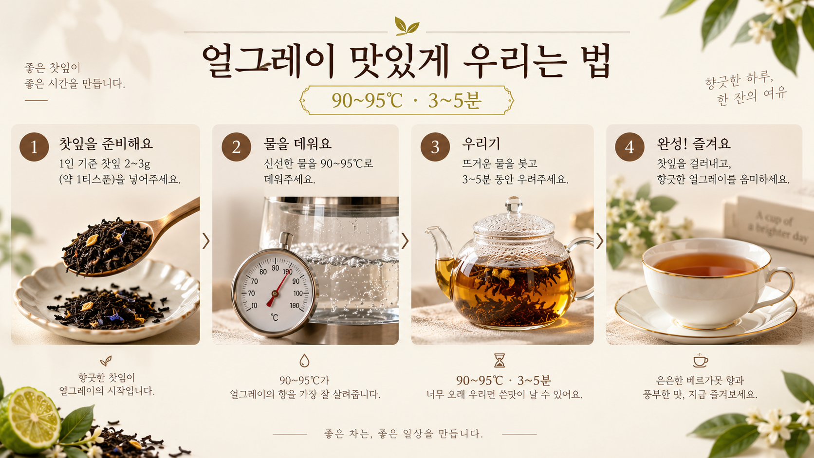 얼그레이를 90에서 95도 물로 3에서 5분 우리는 법을 보여주는 한국형 정보카드