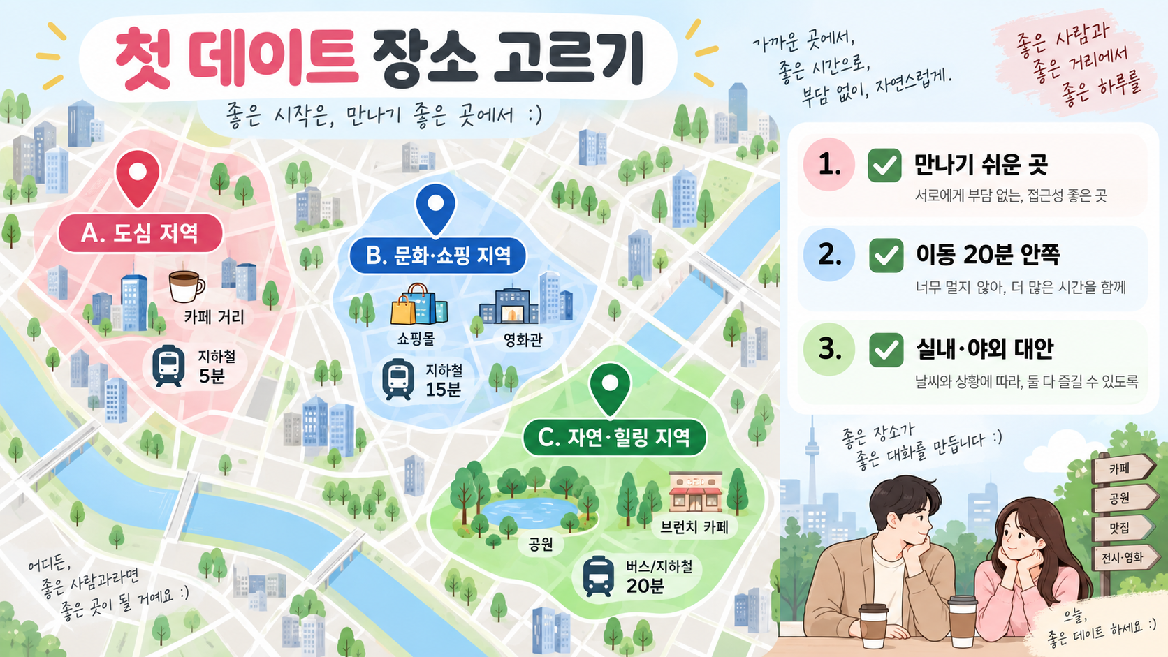 연애 초반 데이트 장소를 접근성, 이동 시간, 실내외 대안으로 고르는 한국어 정보카드