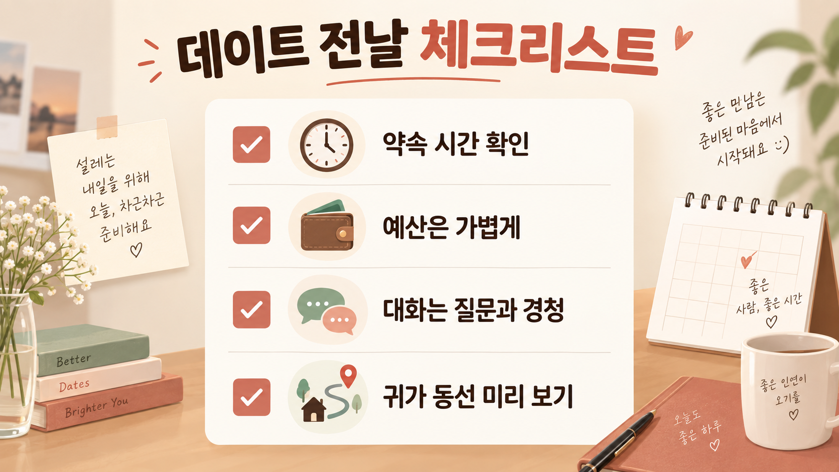 연애 초반 데이트 전날 약속 시간, 예산, 대화, 귀가 동선을 확인하는 한국어 정보카드