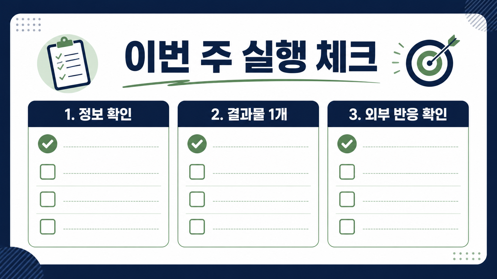 수입 목표를 정보 확인, 결과물 제작, 외부 반응 확인으로 나눈 주간 체크리스트 정보 이미지