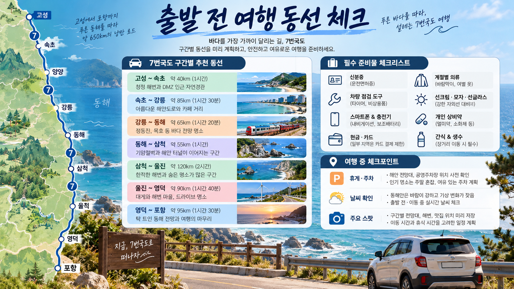 동해안 7번국도 출발 전 동선 체크 정보카드