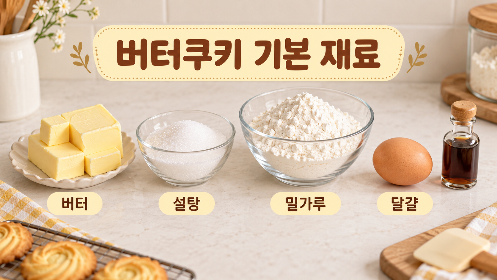 버터, 설탕, 달걀노른자, 밀가루와 거품기를 정리한 버터쿠키 재료 정보카드