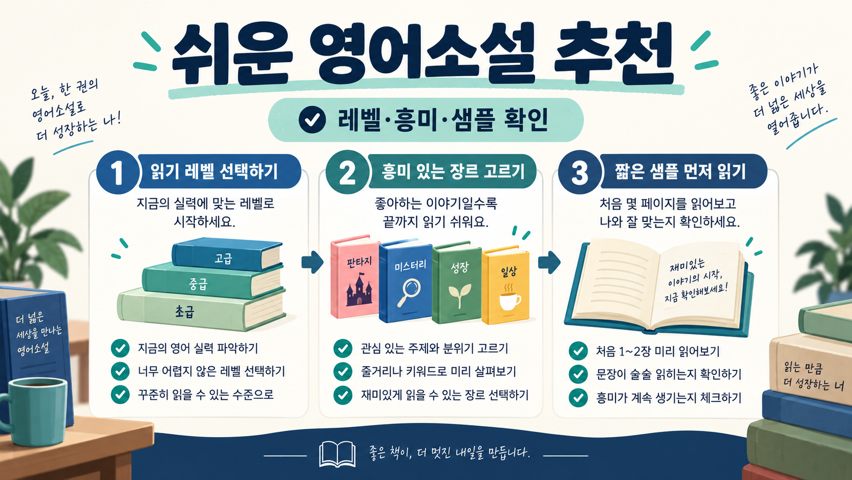 쉬운 영어소설 추천을 위해 레벨, 흥미, 샘플을 확인하는 방법을 보여 주는 한국어 정보카드