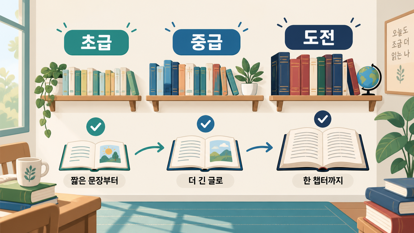 영어소설 읽기 수준을 초급, 중급, 도전 단계로 확인하는 정보 그림