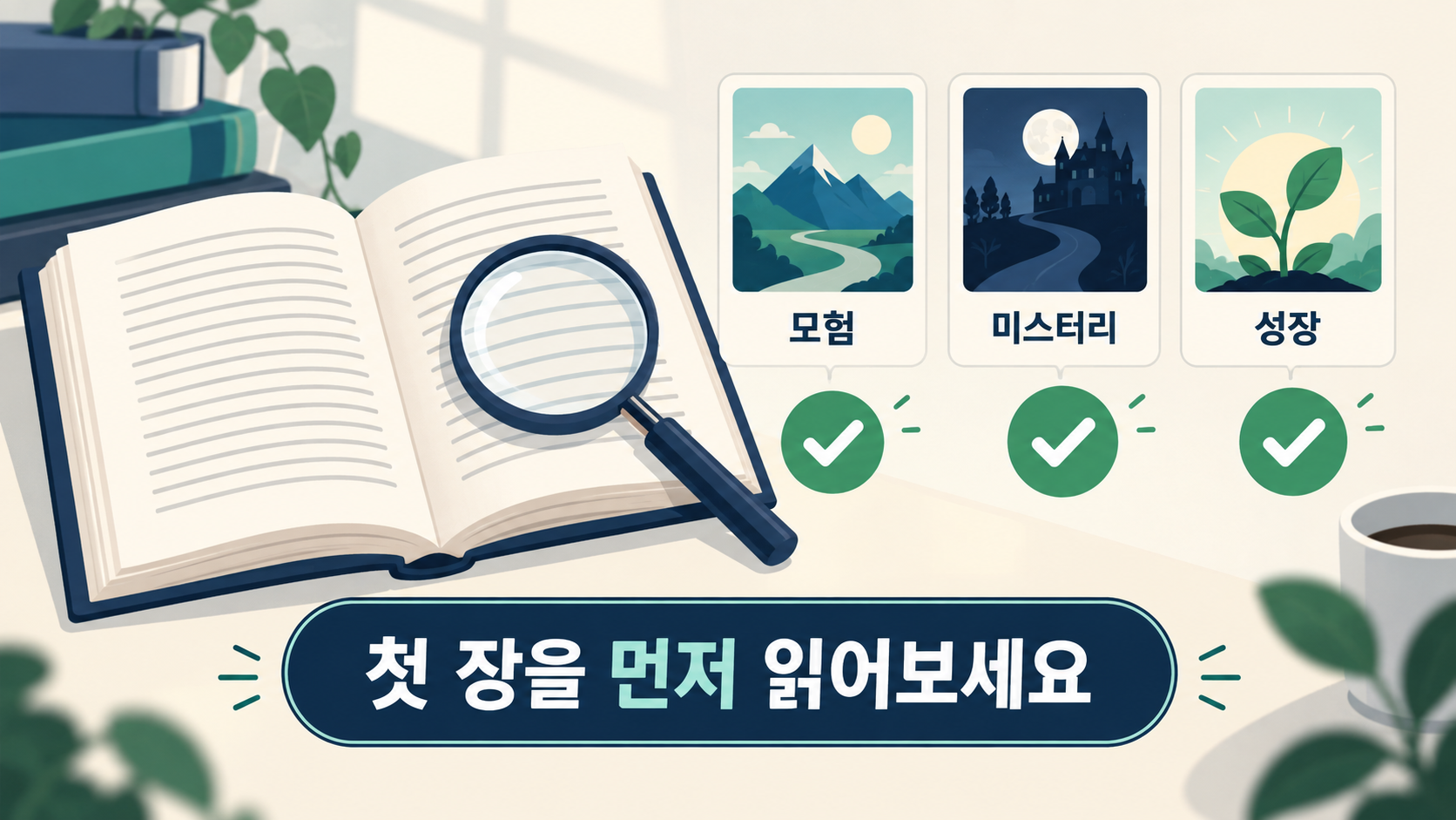 모험, 미스터리, 성장 장르를 비교하고 첫 장을 미리 읽어 보는 체크리스트