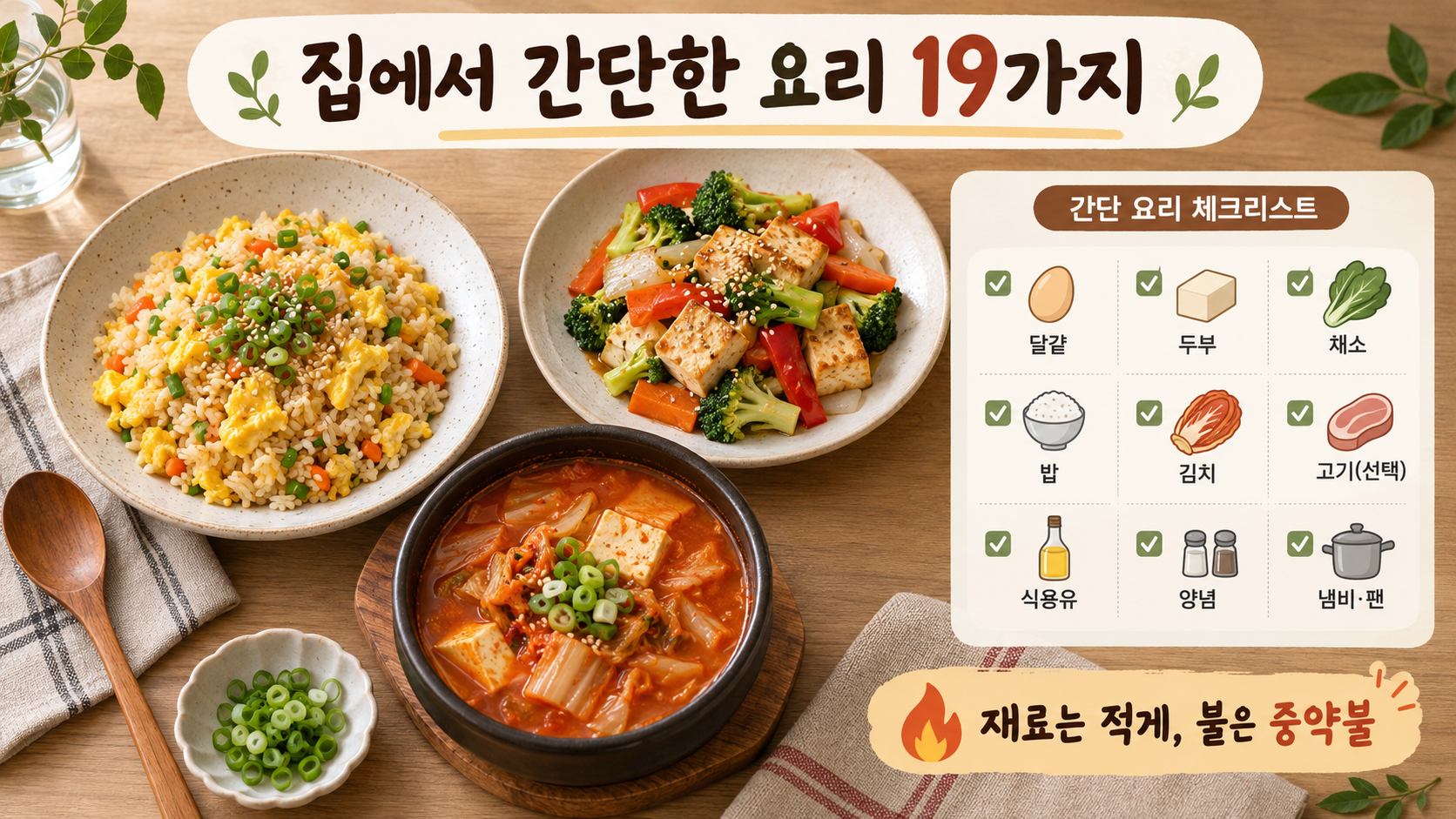 집에서 간단한 요리 19가지와 재료 준비 체크를 담은 정보카드
