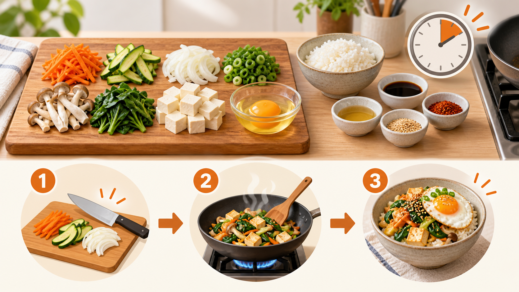 간단한 집밥 요리의 재료 준비와 조리 순서를 보여주는 이미지