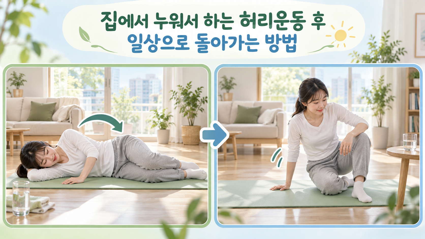 매트에서 옆으로 돌아 천천히 일어나는 사람의 두 단계 안내 카드