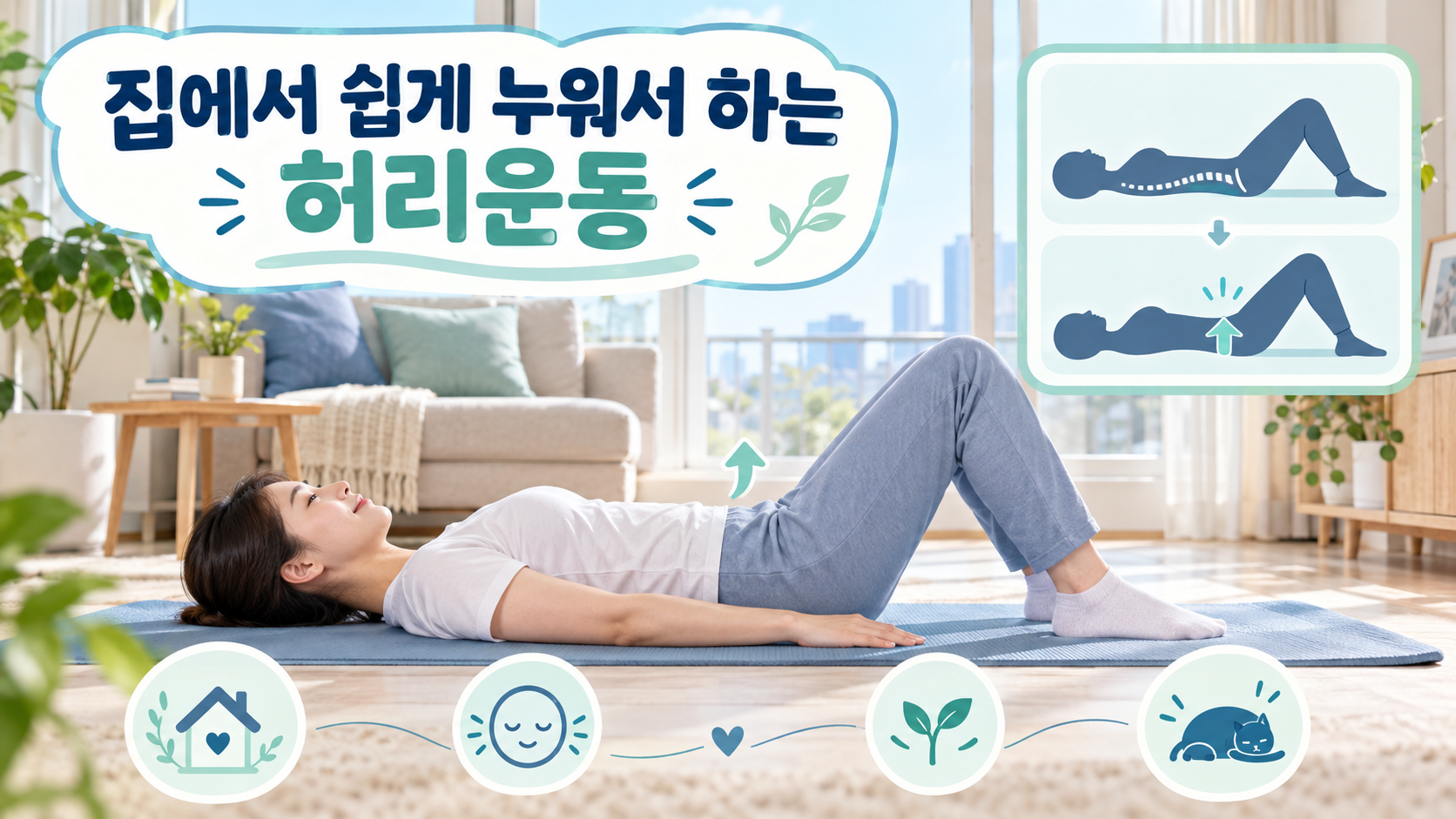 집 거실 매트에서 무릎을 세우고 누워 허리운동을 하는 사람과 골반 기울임 안내 카드