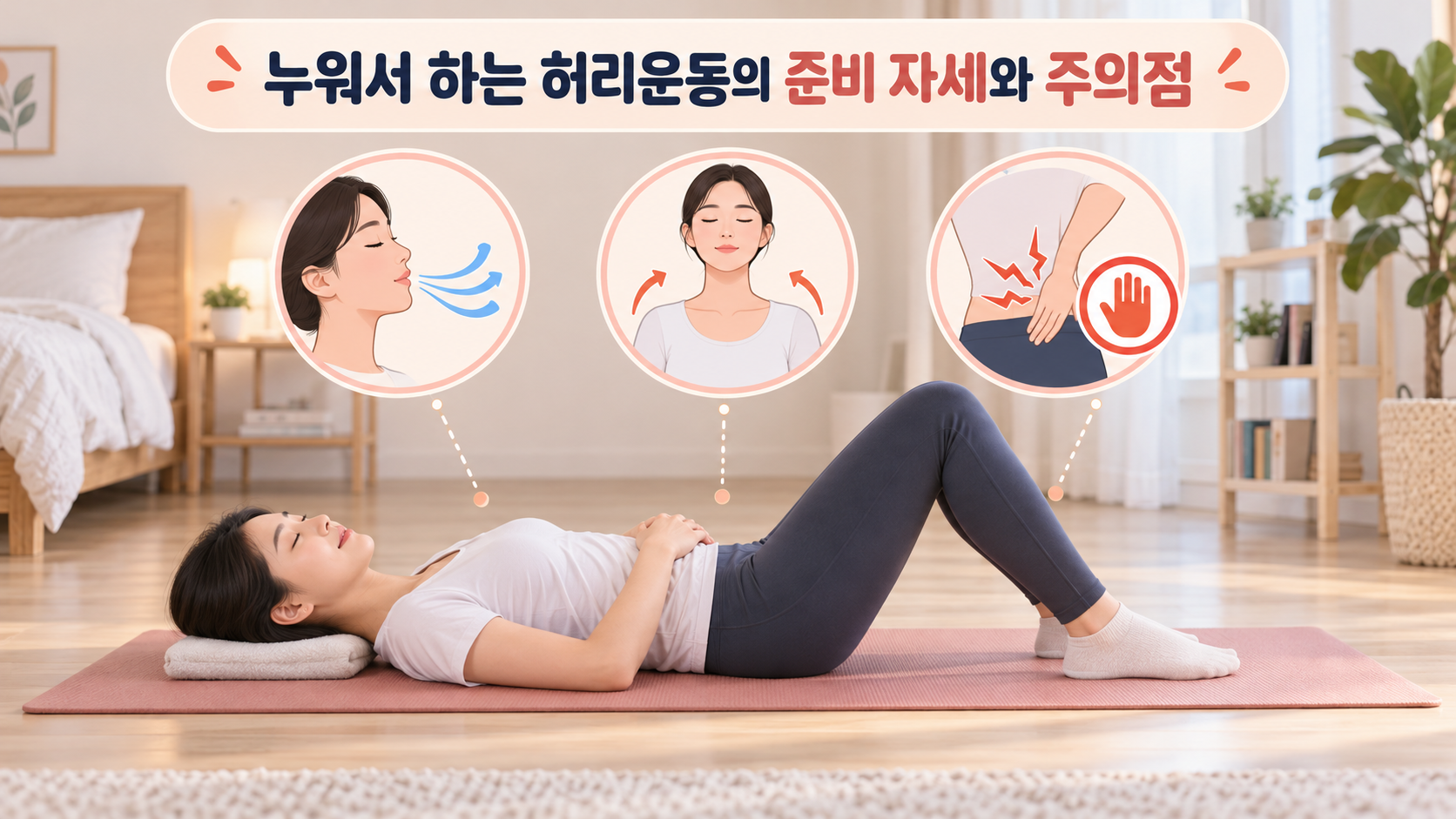 누워서 하는 허리운동의 준비 자세와 호흡, 통증 주의 아이콘을 담은 정보 카드