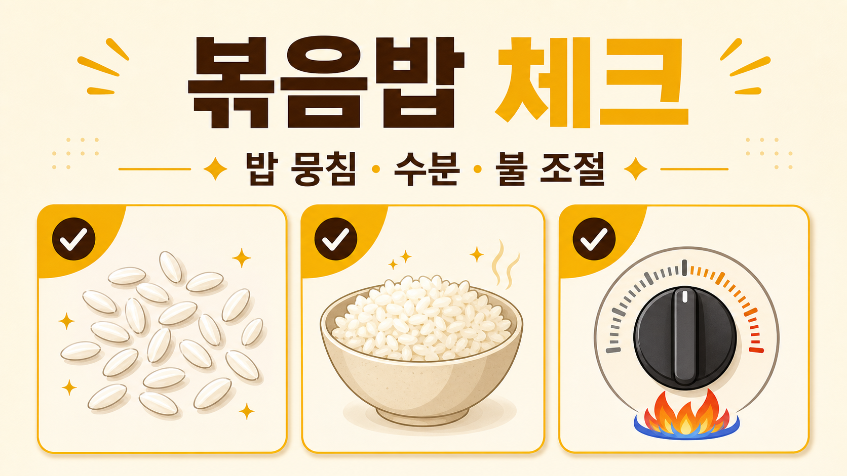 계란볶음밥의 밥 뭉침과 수분, 불 조절을 점검하는 체크리스트 정보 카드