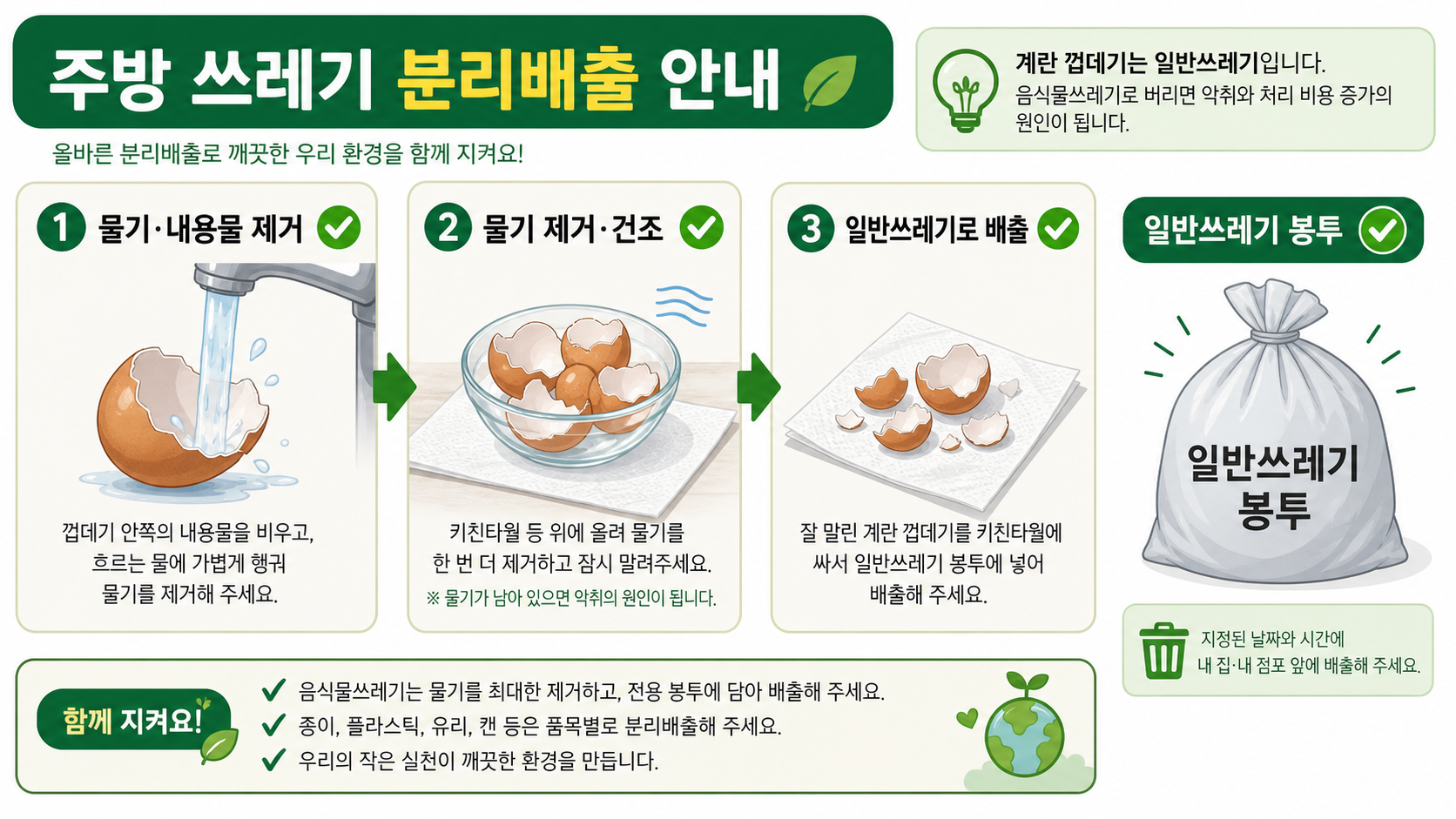 계란껍질의 내용물과 물기를 제거해 일반쓰레기 봉투에 넣는 순서를 보여 주는 정보카드