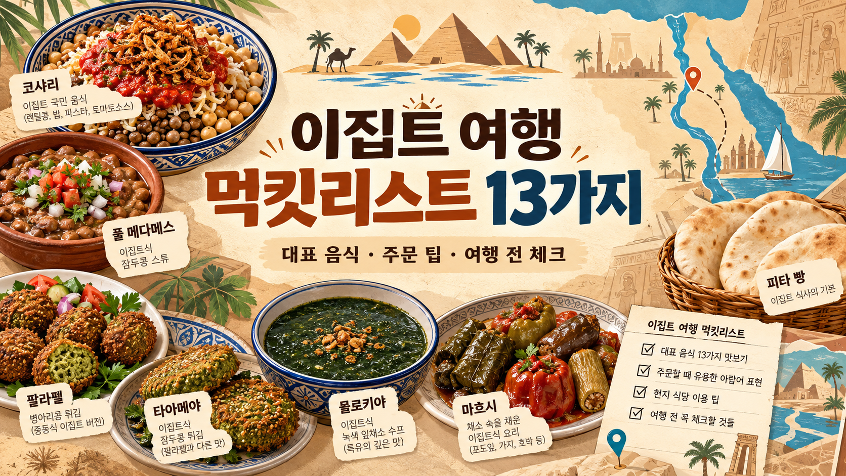 이집트 대표 음식과 여행 먹킷리스트를 담은 정보카드