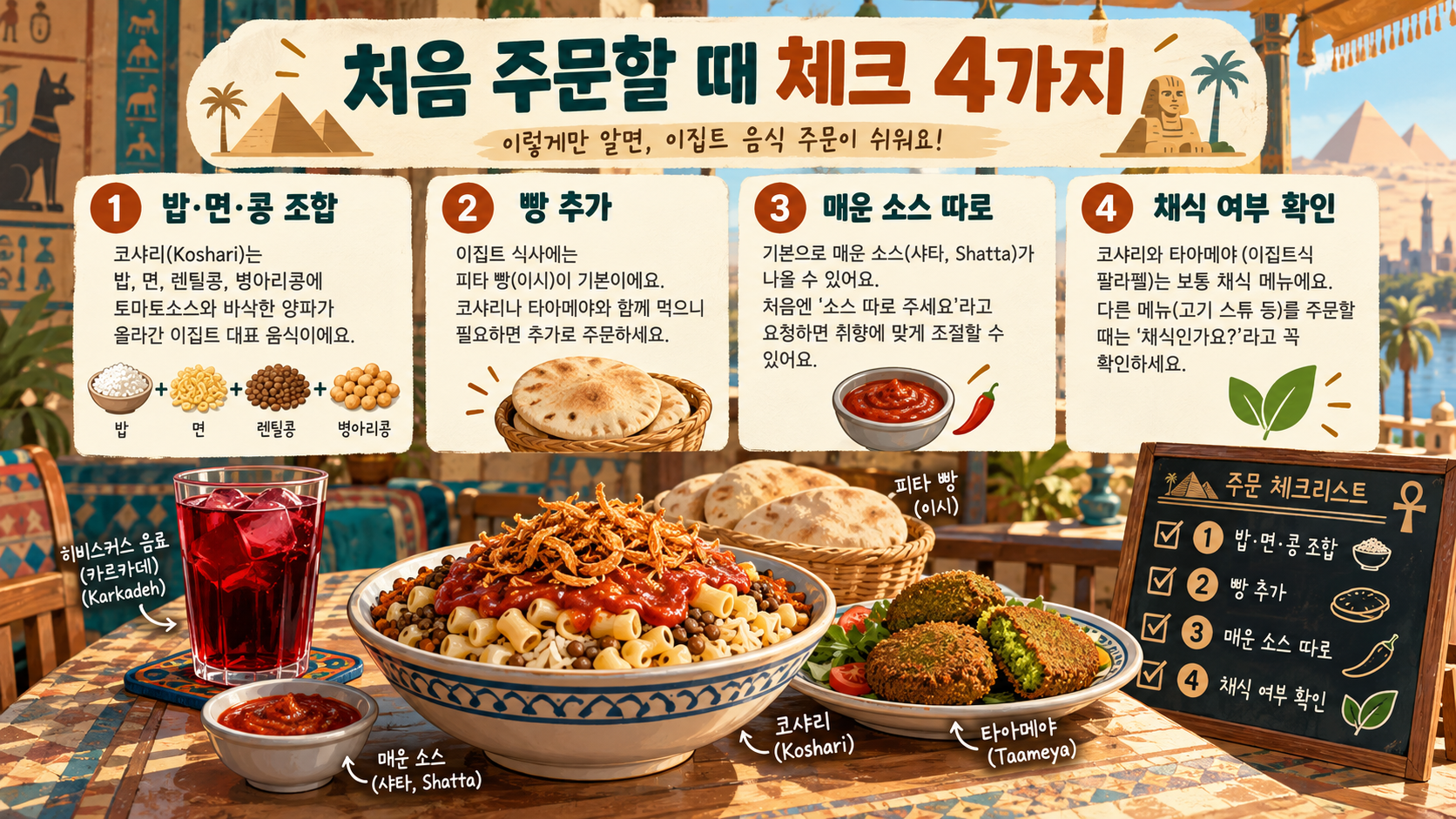 이집트 음식 주문 전 네 가지를 정리한 정보카드