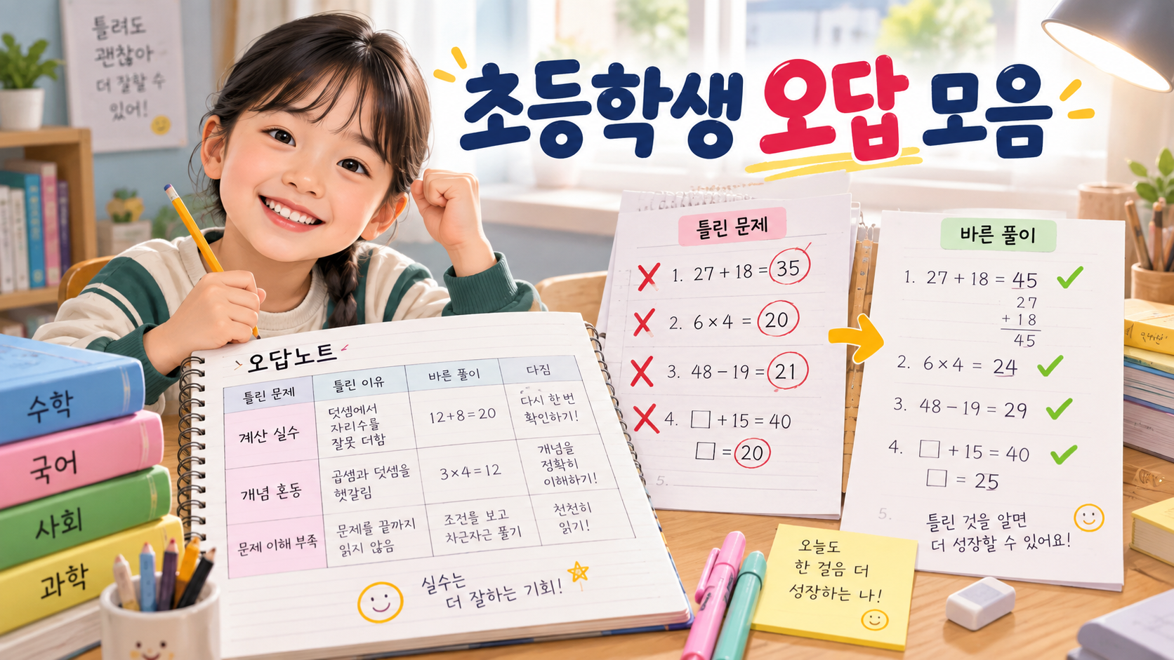 초등학생이 틀린 문제와 바른 풀이를 비교하며 오답노트를 정리하는 모습