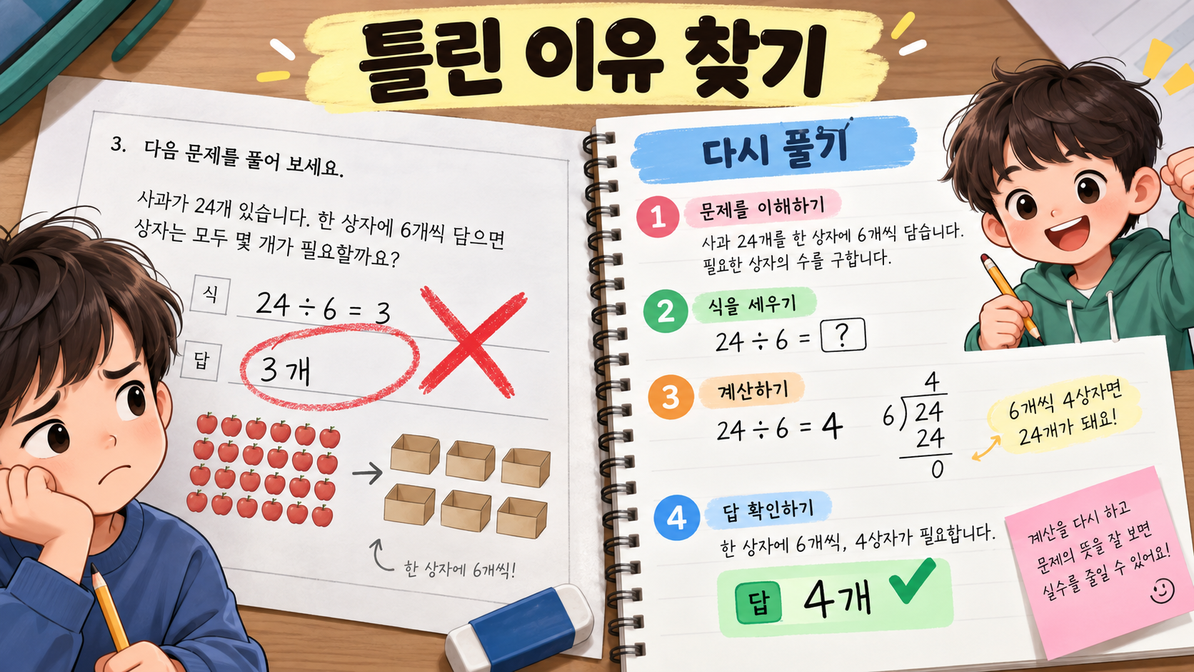 틀린 이유를 찾고 다시 푸는 과정을 보여 주는 초등 수학 오답노트 정보카드