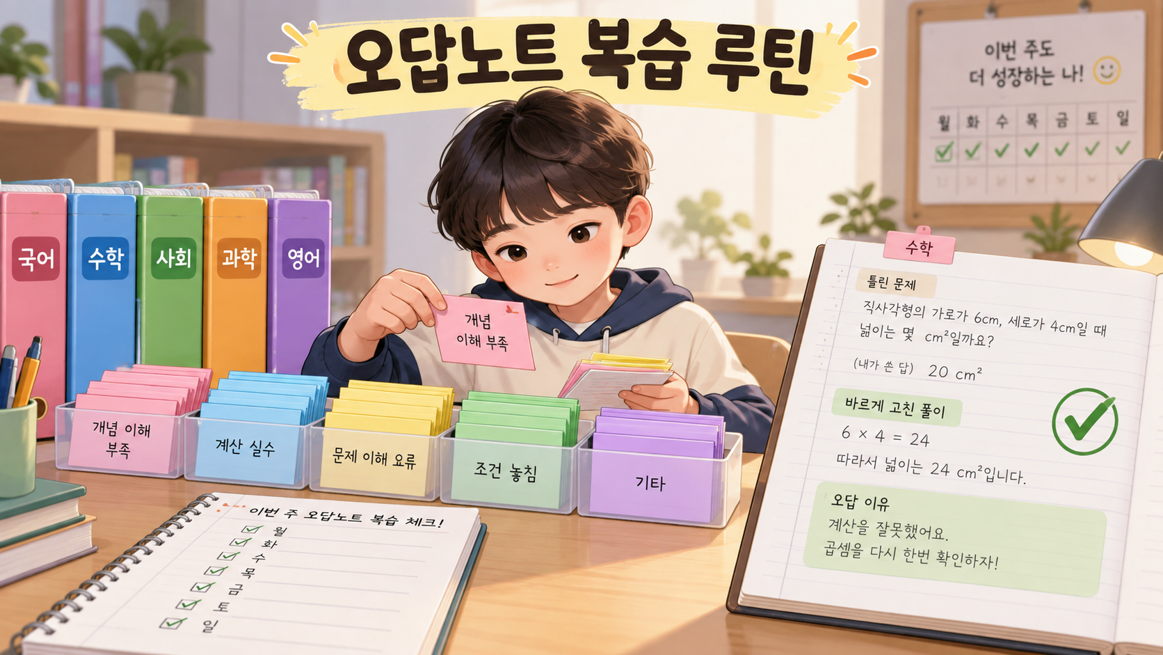 과목과 오류 원인별로 카드를 분류하며 오답노트를 복습하는 초등학생
