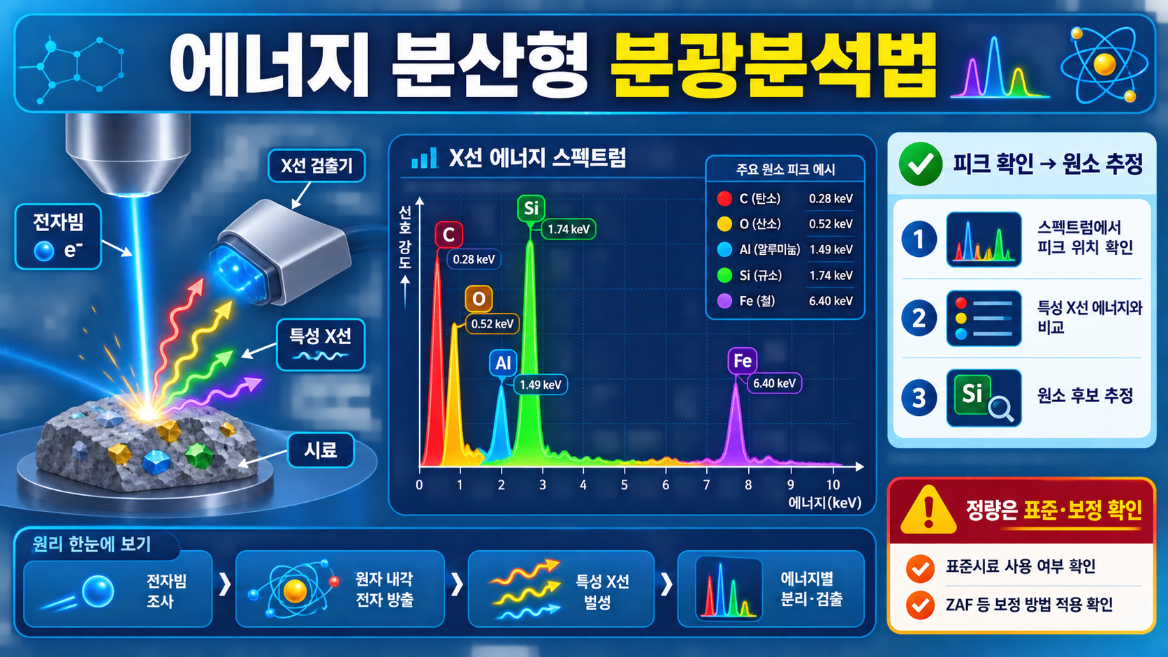 에너지분산형 분광분석법 EDS의 피크 확인과 원소 추정 과정을 보여 주는 정보카드