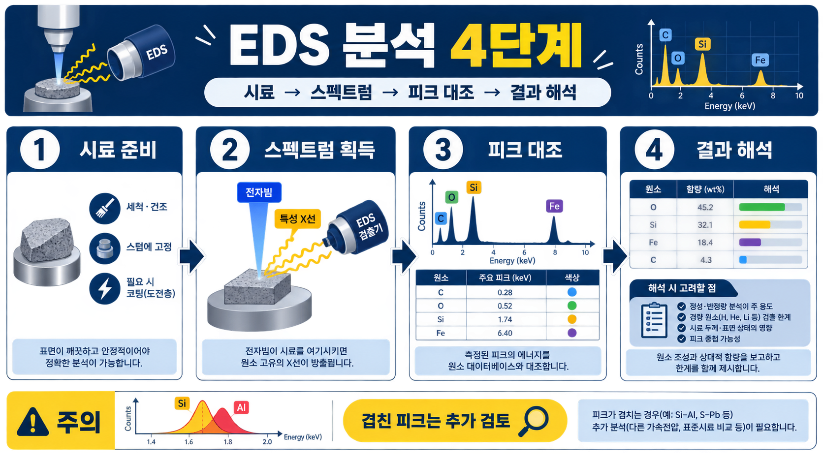 EDS 분석 단계와 스펙트럼 피크 대조 순서를 보여 주는 정보카드